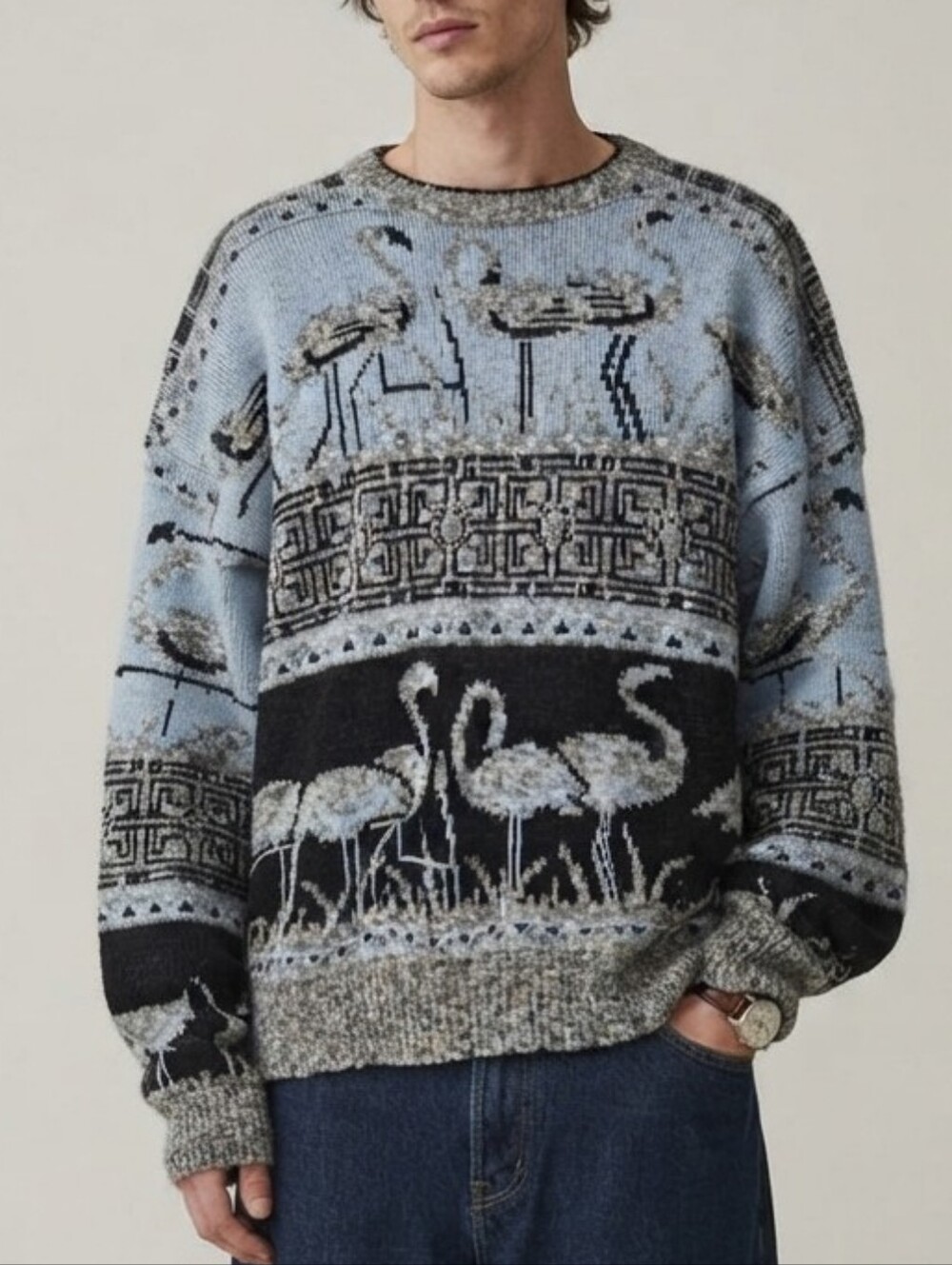 VTG Flamingo Knit All Over Print Fits L Dadcore Grandpa Oversized Sweater Retro